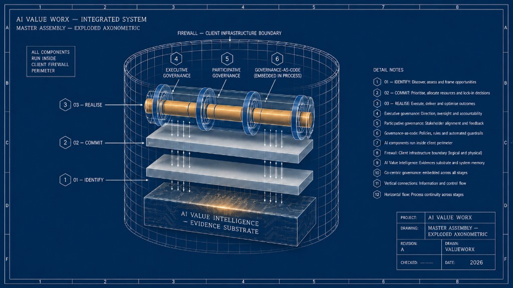 AI Value Worx integrated system blueprint: exploded axonometric of Identify, Commit, and Realise inside the client firewall boundary, with executive, participative, and governance-as-code layers on the AI Value Intelligence evidence substrate.